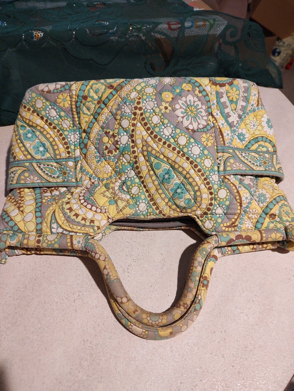 Vera Bradley Quilted Floral Paisley Handbag Double Handles Yellow, Teal, Brown